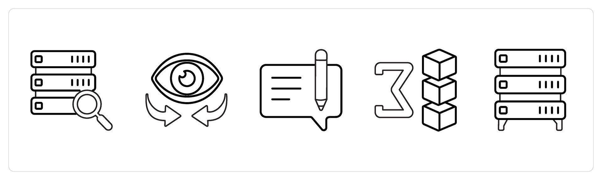 A set of 5 mix icons as search data, vision, edit message in black line color vector