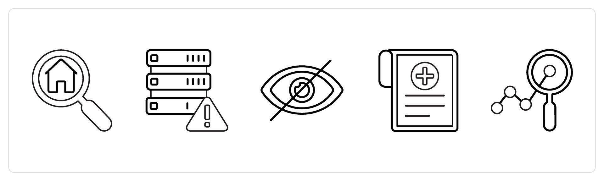 A set of 5 mix icons as home search, error in drive, hide in black line color vector