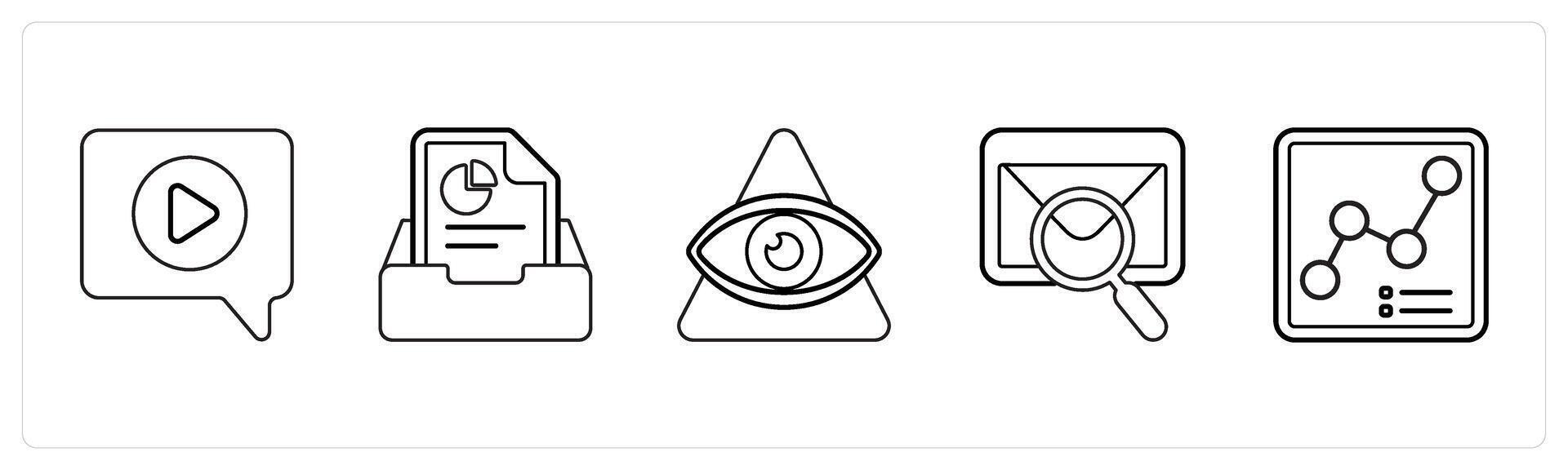 A set of 5 mix icons as chat, save document, vision in black line color vector