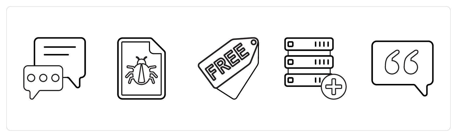 A set of 5 mix icons as communication, bug, free in black line color vector