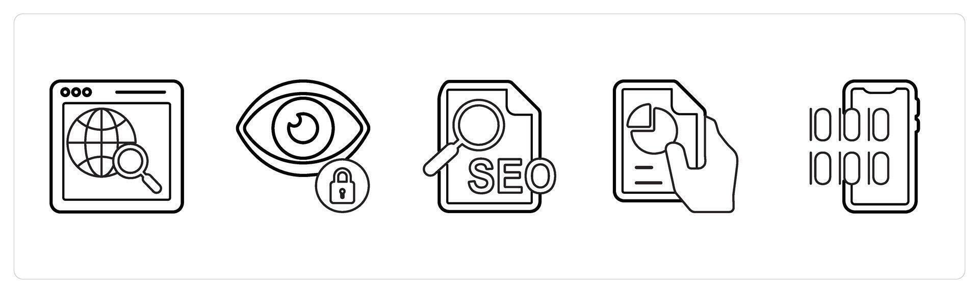 A set of 5 mix icons as global search, privacy, seo in black line color vector