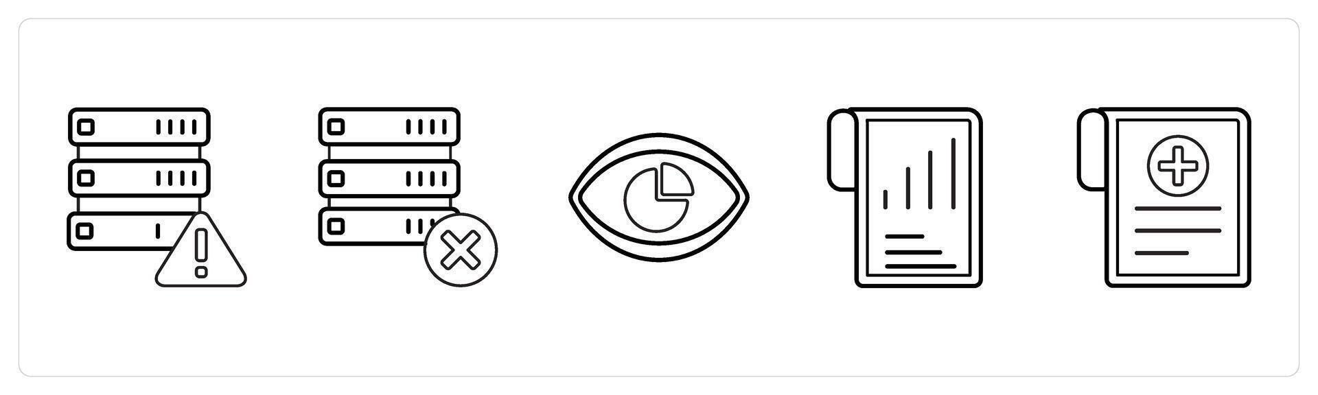 A set of 5 mix icons as error in drive, delete data, performance vision in black line color vector