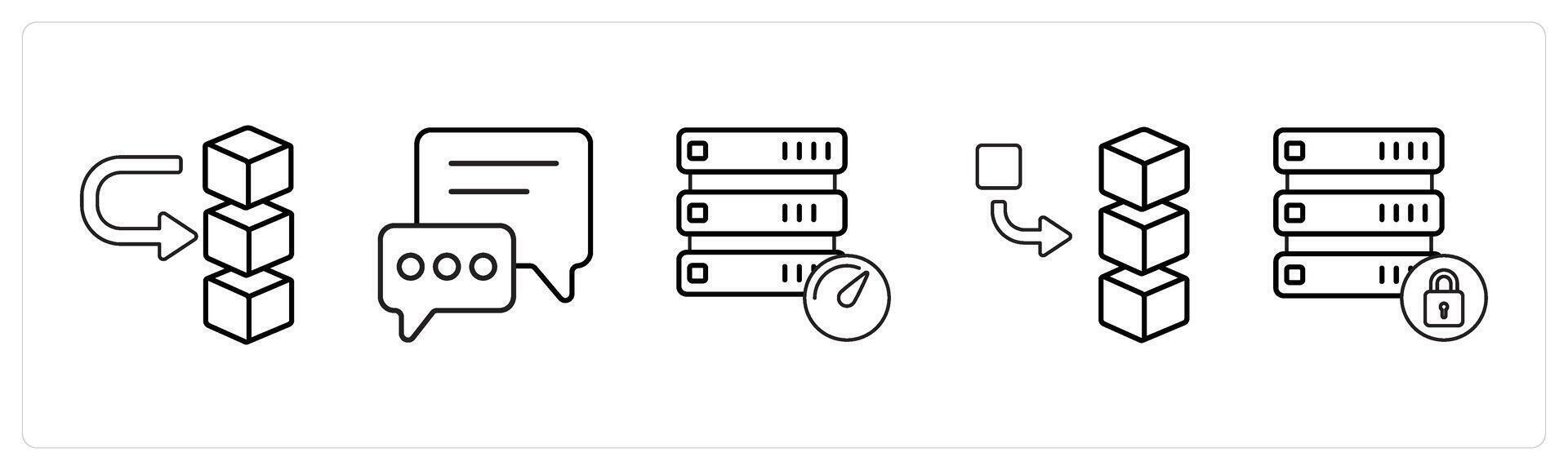 A set of 5 mix icons as add stack, message, drive performance in black line color vector