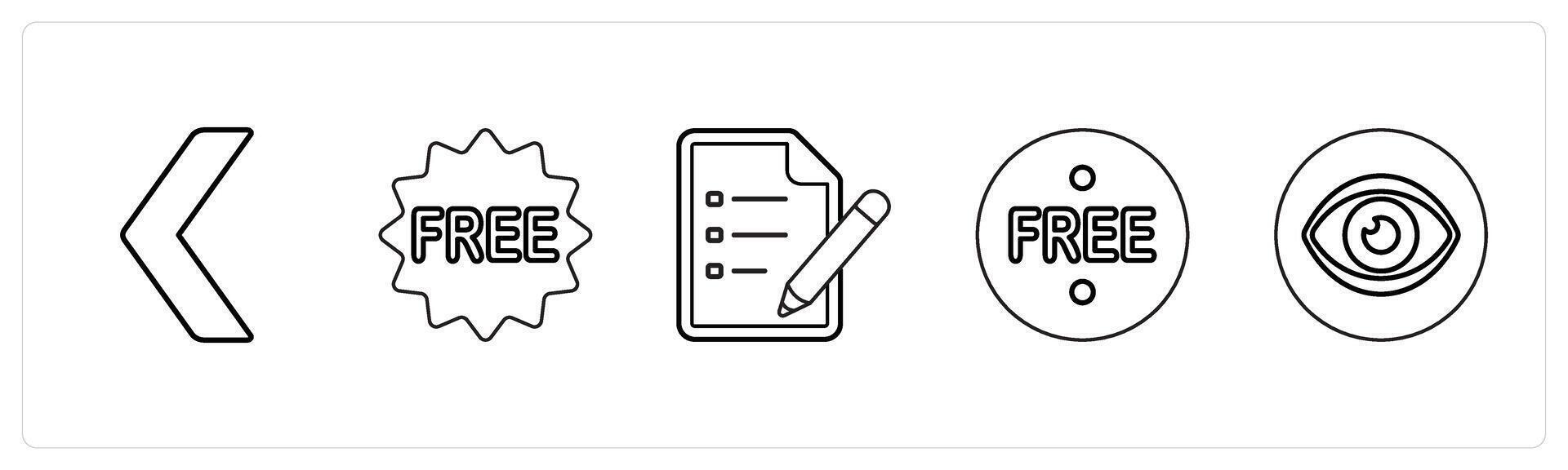 A set of 5 mix icons as back, free, text document in black line color vector
