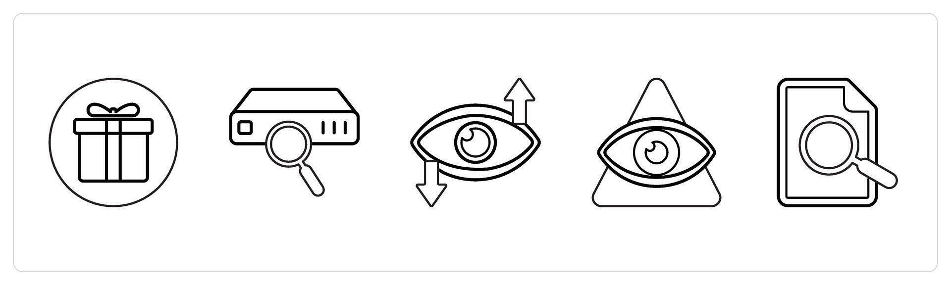 A set of 5 mix icons as present, search drive, vision in black line color vector