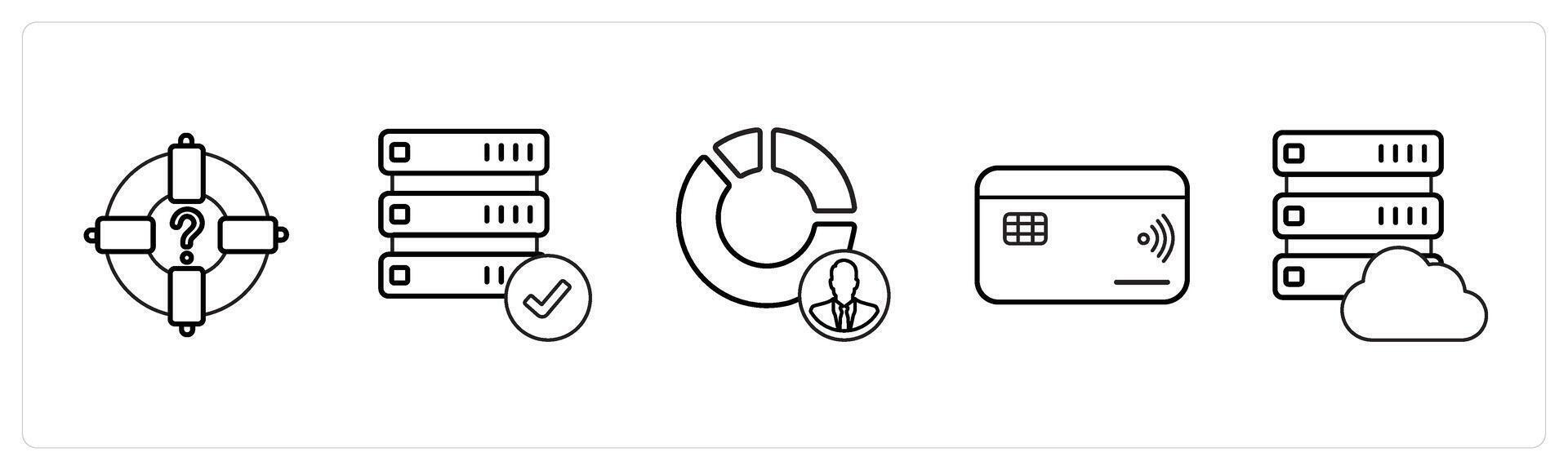 A set of 5 mix icons as target, verified drive, marketing manager in black line color vector