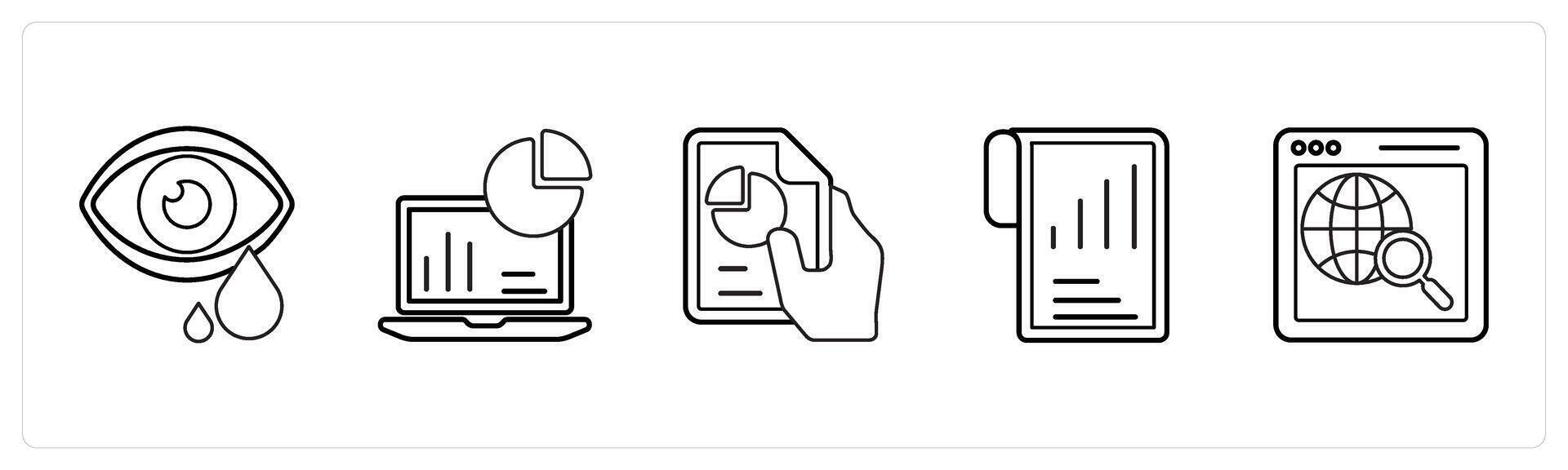 A set of 5 mix icons as tears, site audit, pie chart in black line color vector