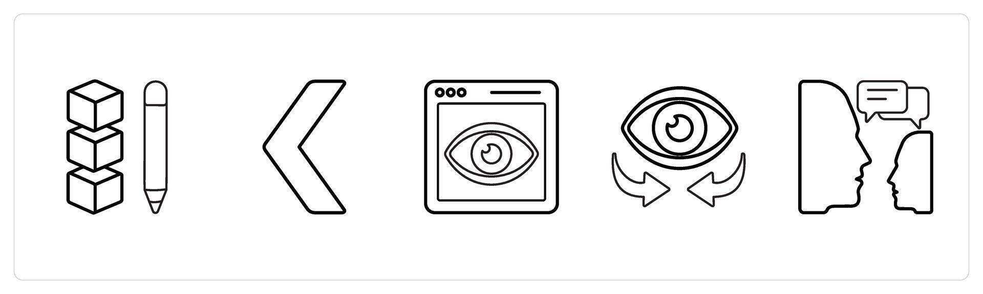 A set of 5 mix icons as edit drive data, back, site vision in black line color vector