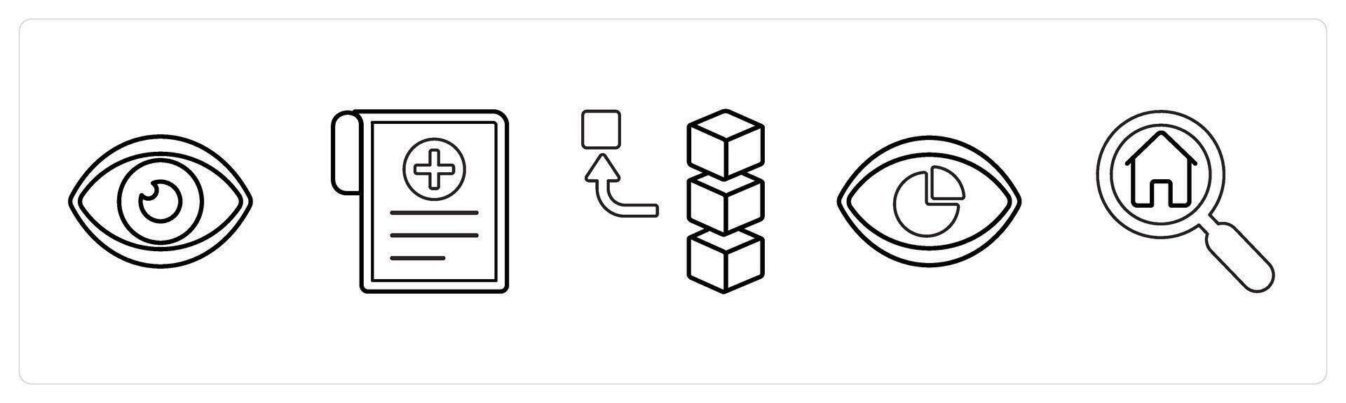 A set of 5 mix icons as vision, medical reports, remove stack in black line color vector