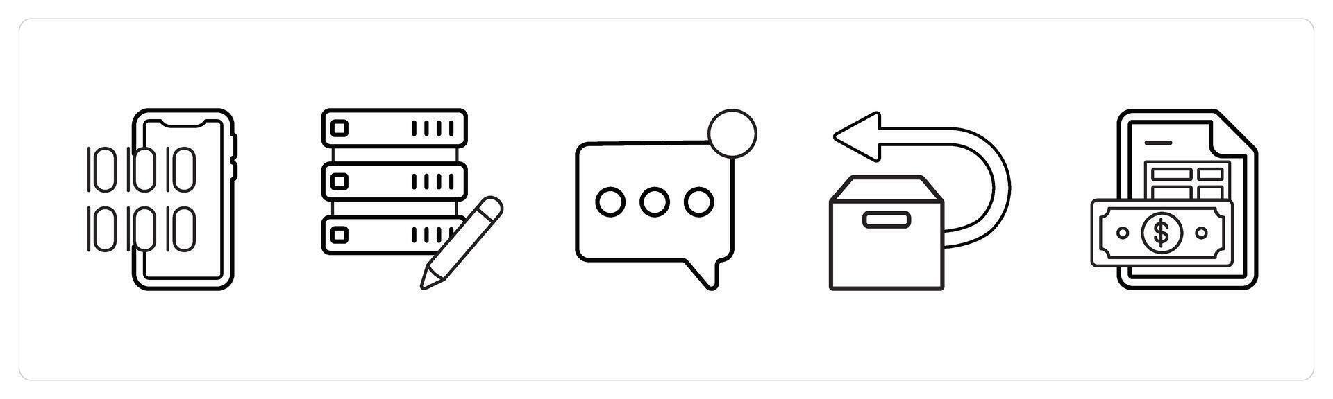 A set of 5 mix icons as programming, edit server, notification in black line color vector
