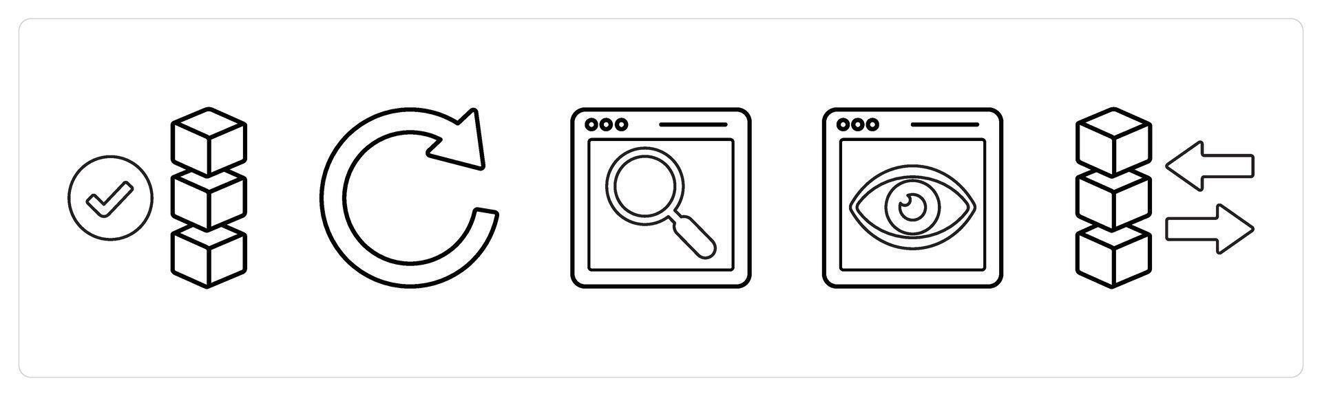 A set of 5 mix icons as verified drive, refresh, web search in black line color vector
