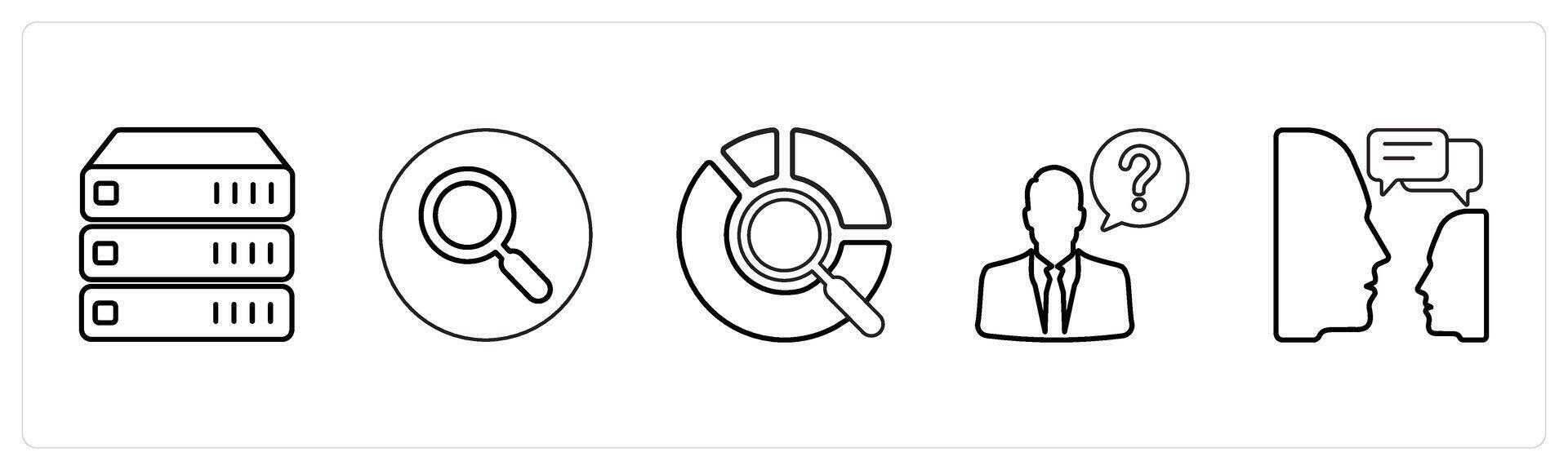 A set of 5 mix icons as server, search, data search in black line color vector