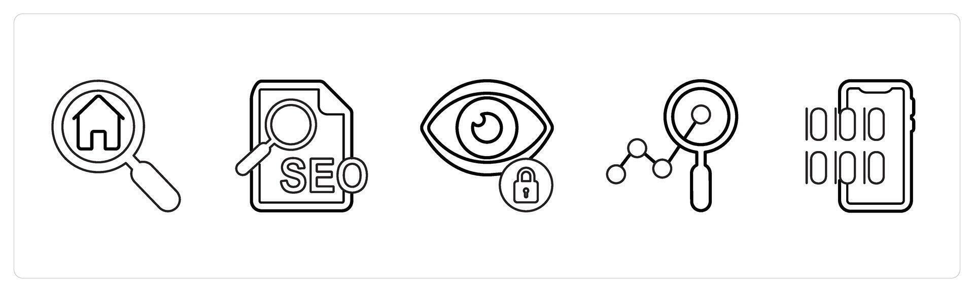A set of 5 mix icons as home search, seo, privacy in black line color vector