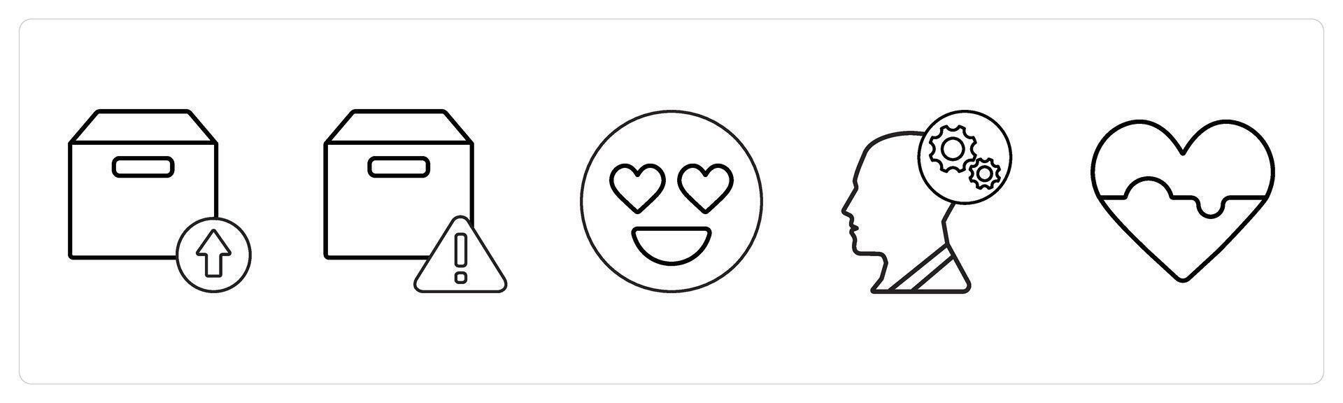 A set of 5 mix icons as upload package, box information, happy in black line color vector