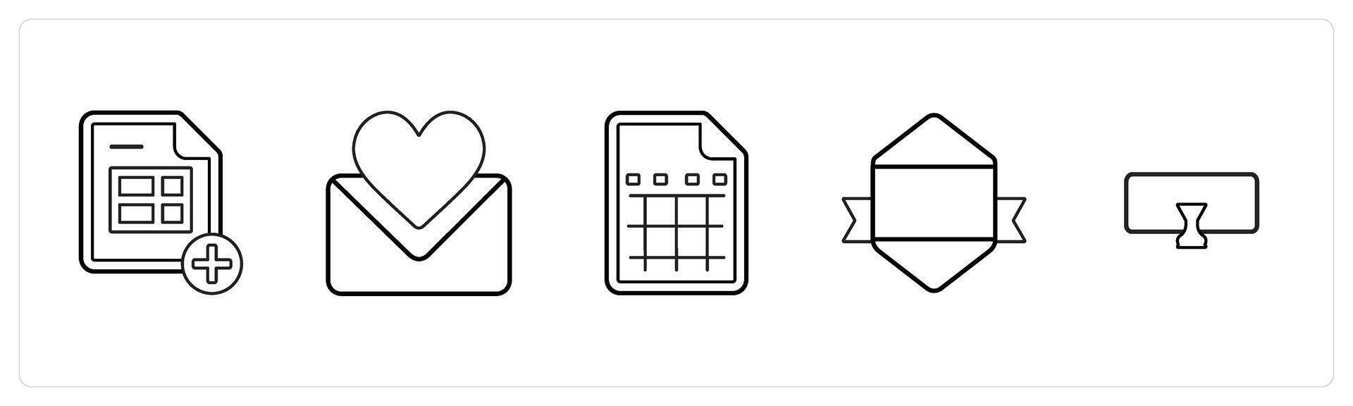 A set of 5 mix icons as add sheet, favorite message, excel sheet in black line color vector