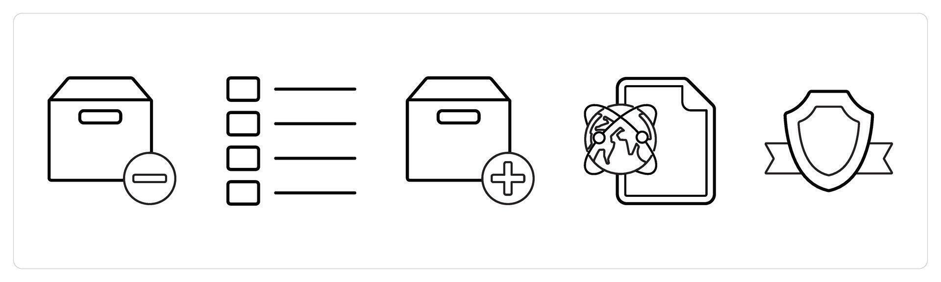 A set of 5 mix icons as remove box, nav menu, add box in black line color vector