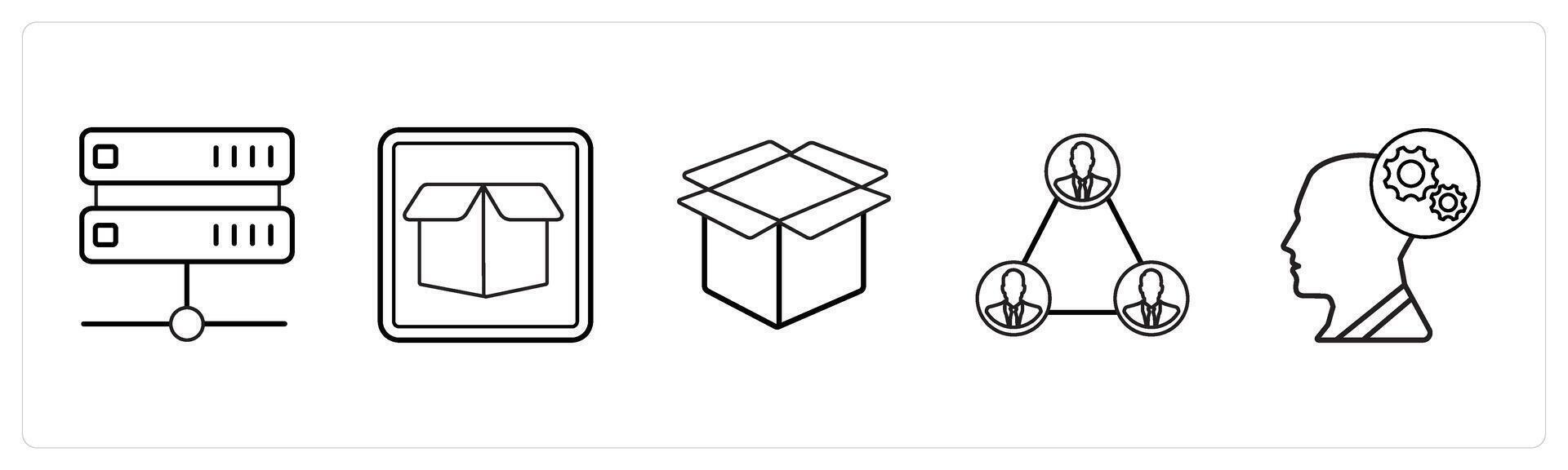 A set of 5 mix icons as drive, drop box, box in black line color vector