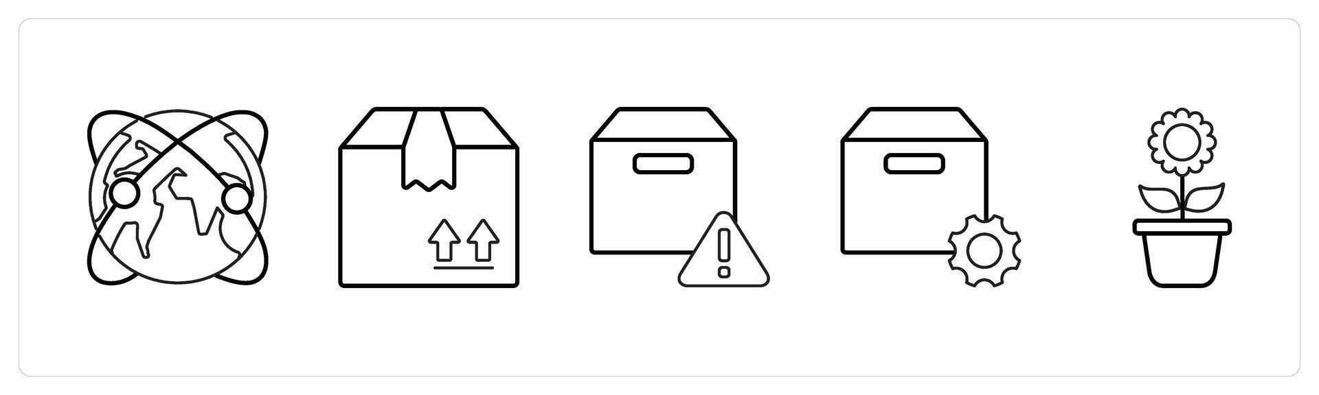 A set of 5 mix icons as global network, forward parcel, box information in black line color vector