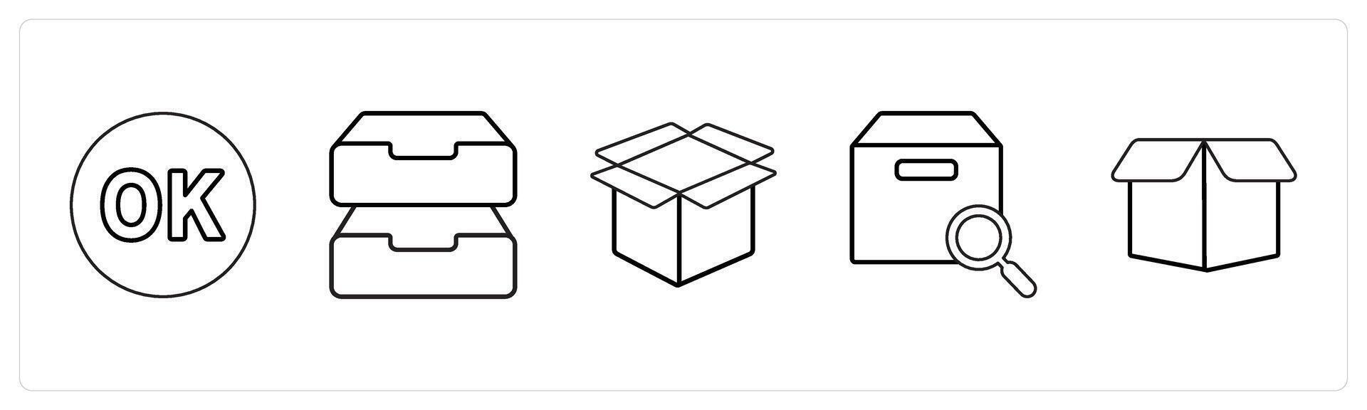 A set of 5 mix icons as ok, drives, box in black line color vector