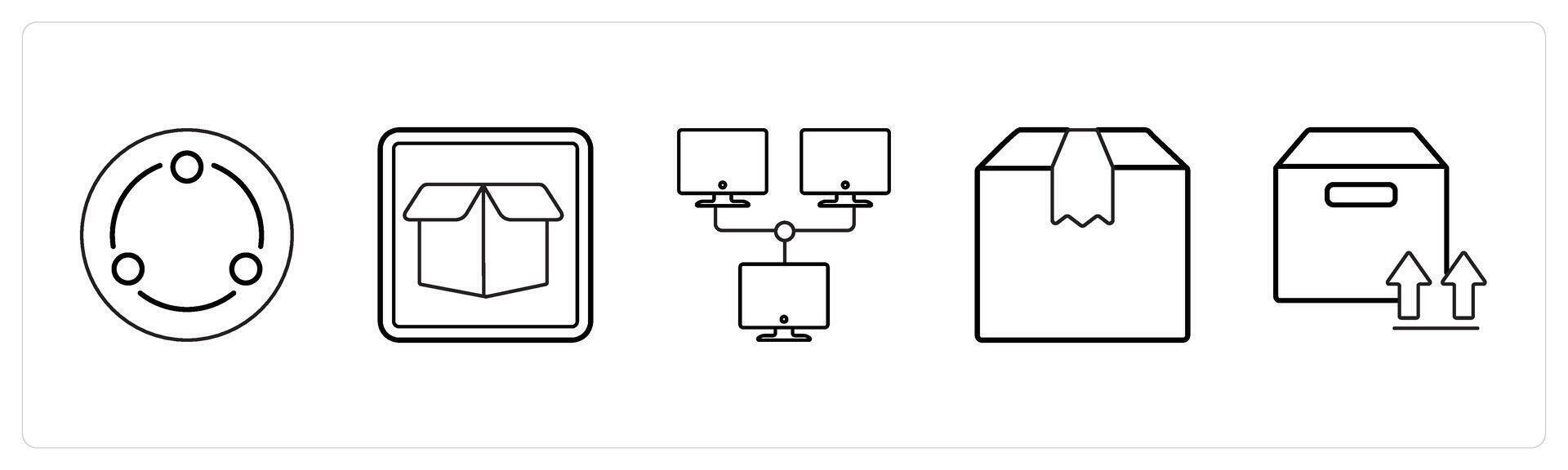 A set of 5 mix icons as network, drop box, parcel in black line color vector