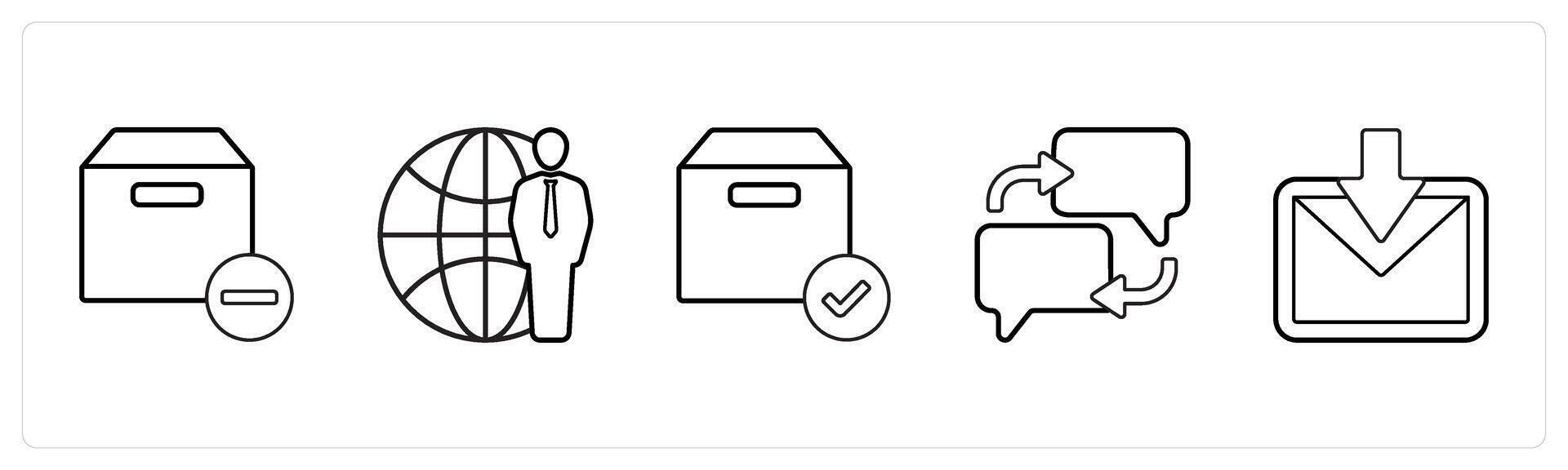 A set of 5 mix icons as remove box, global service, verified box in black line color vector