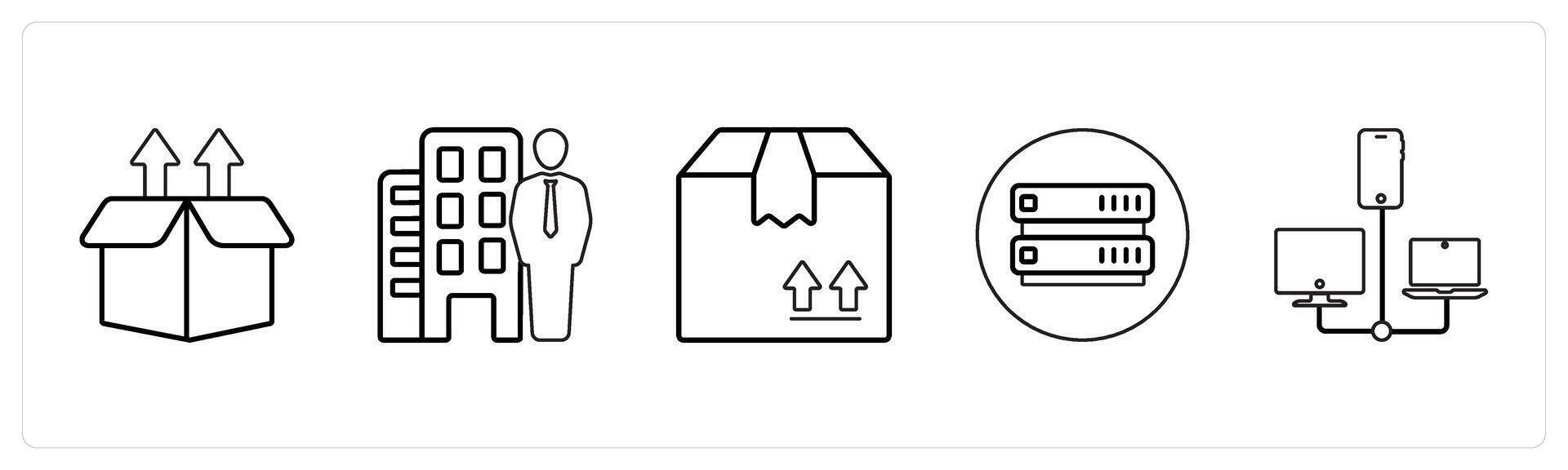 A set of 5 mix icons as upload box, property dealer, forward parcel in black line color vector