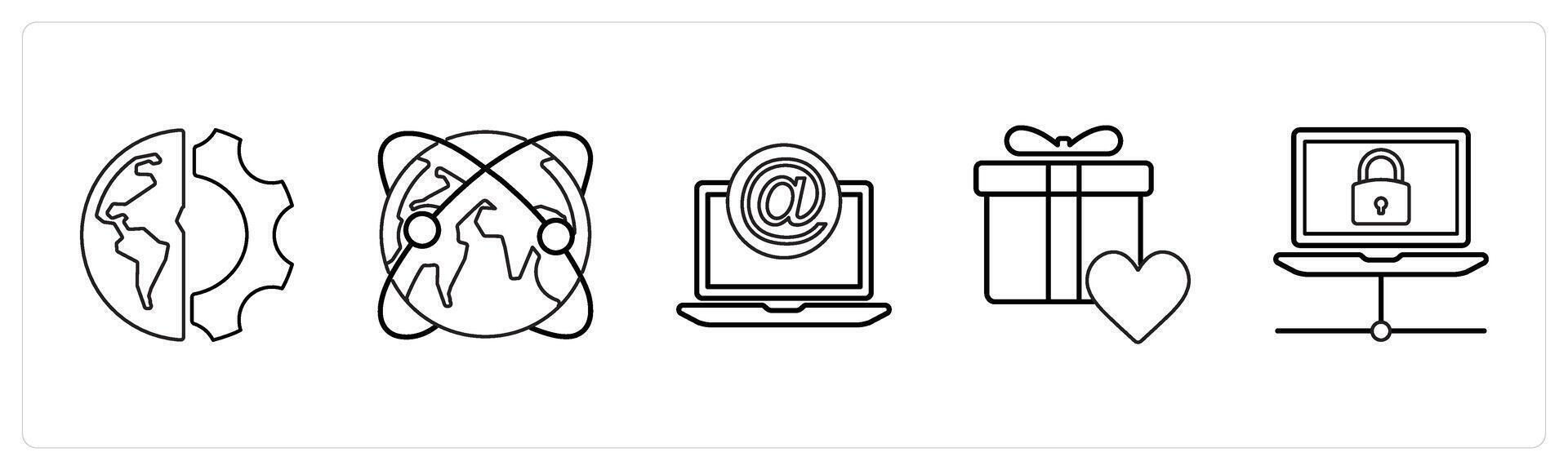 A set of 5 mix icons as global setting, global network, mention in black line color vector