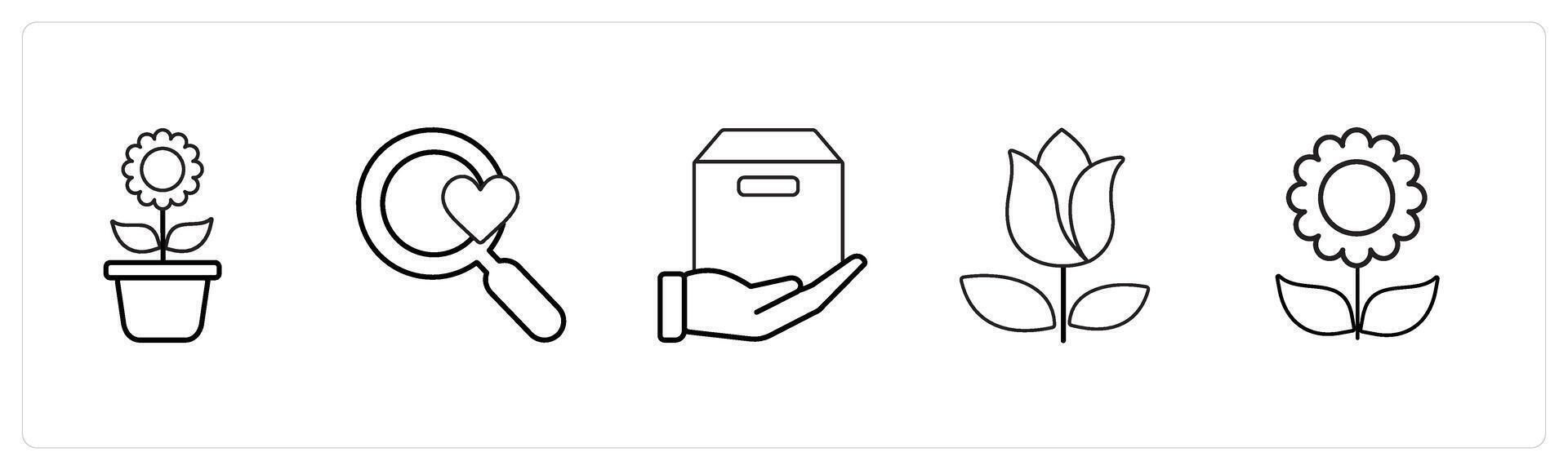 A set of 5 mix icons as flower pot, favorite search, forward parcel in black line color vector