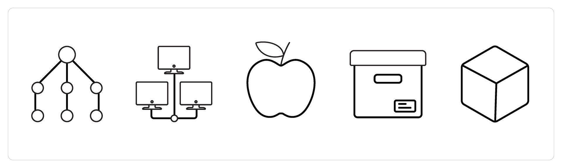 A set of 5 mix icons as network, hosting, apple in black line color vector