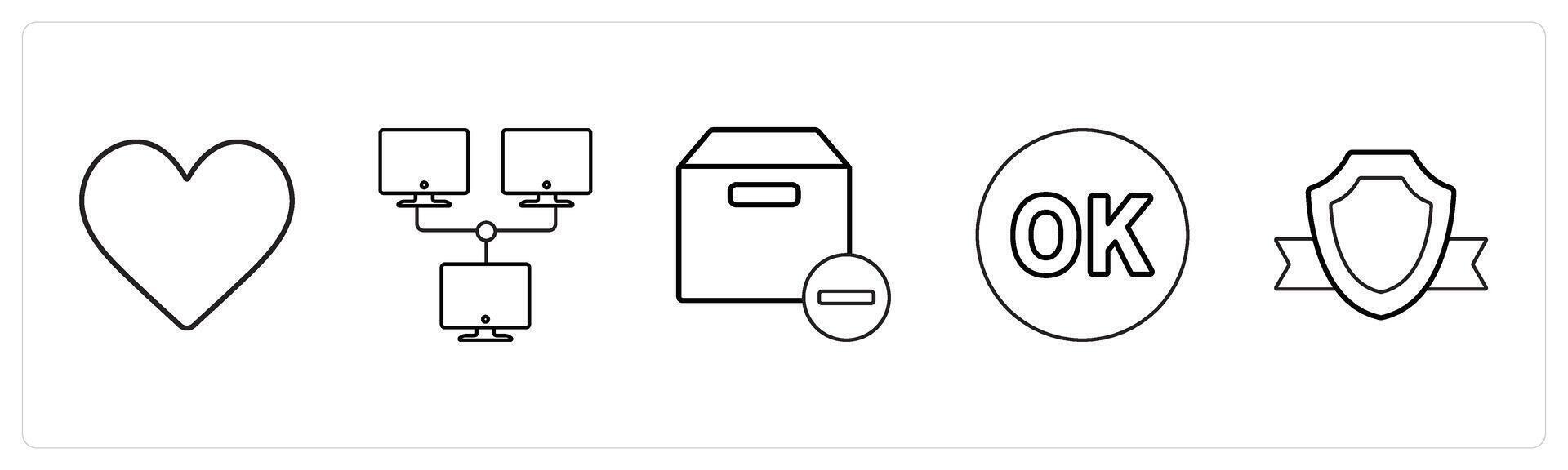 A set of 5 mix icons as heart, network, remove box in black line color vector