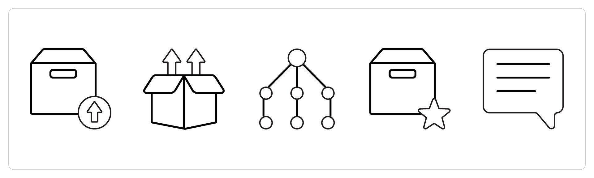 A set of 5 mix icons as upload package, upload box, network in black line color vector