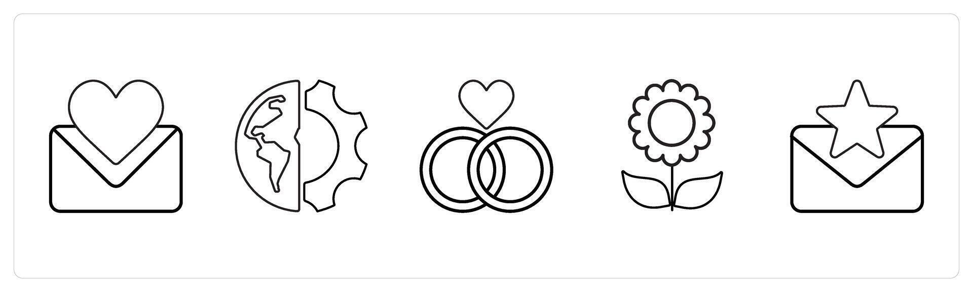 A set of 5 mix icons as favorite message, global setting, reletionship in black line color vector