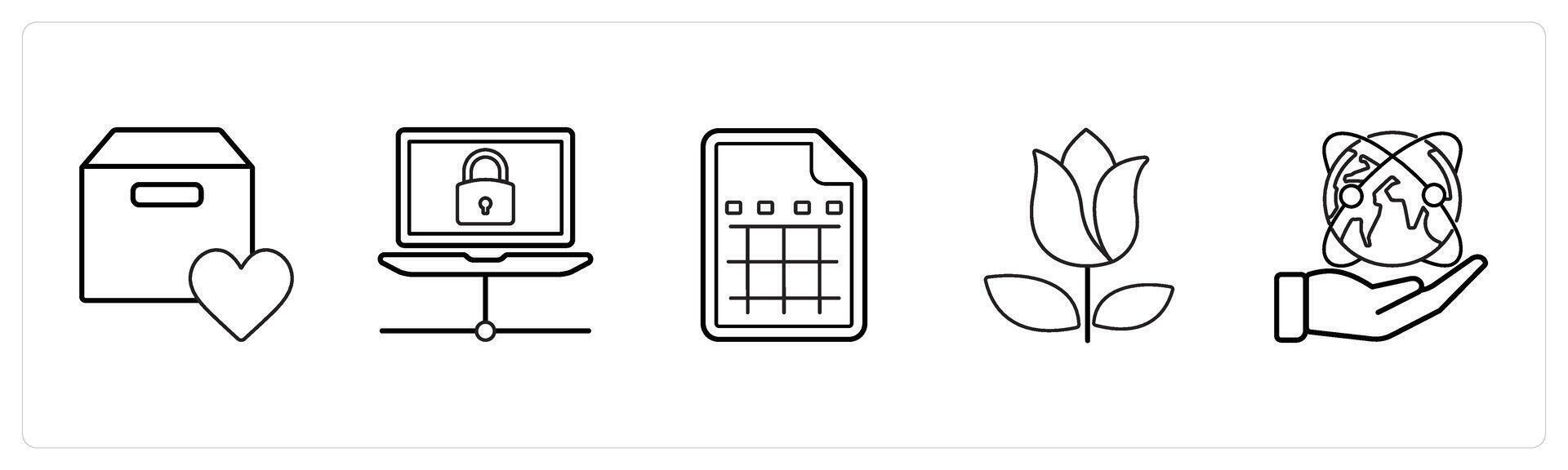 A set of 5 mix icons as favorite box, connection, excel sheet in black line color vector