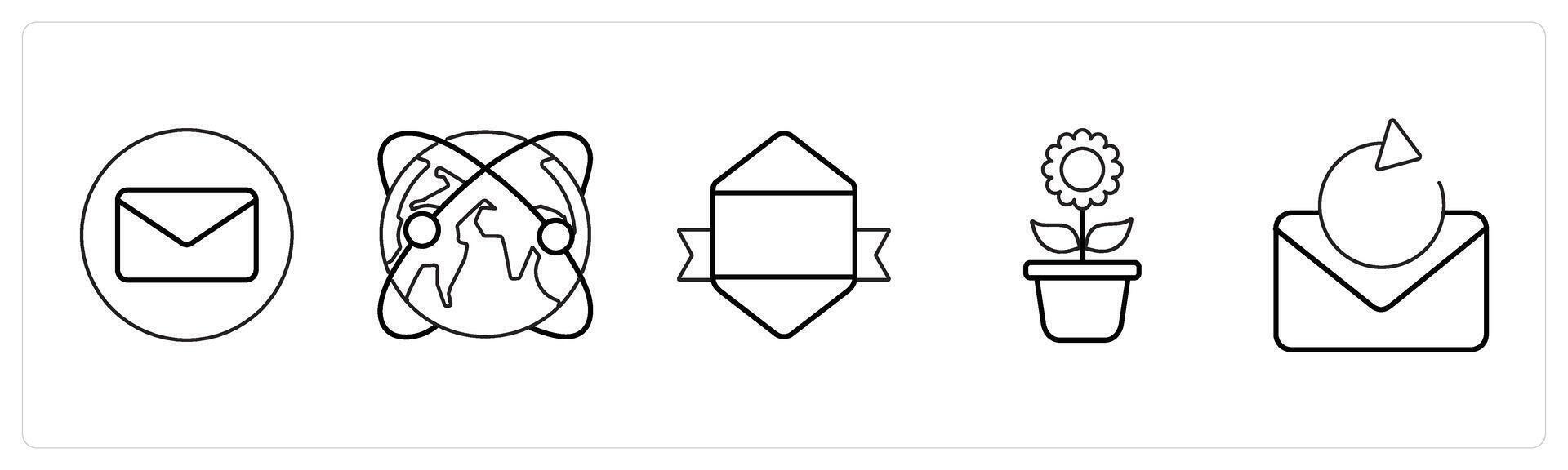 A set of 5 mix icons as envelope, global network, designation in black line color vector