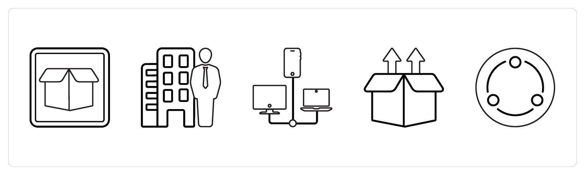 A set of 5 mix icons as drop box, property dealer, connection in black line color vector