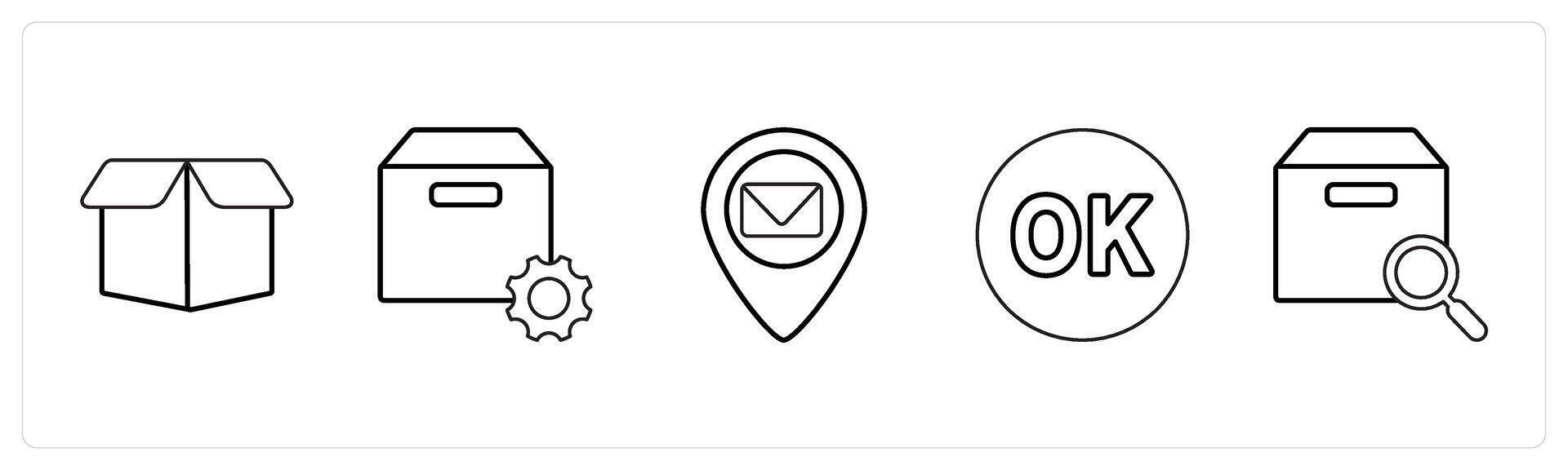 A set of 5 mix icons as drop box, box setting, message location in black line color vector