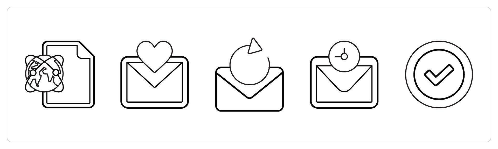 A set of 5 mix icons as global sheet, favorite message, refresh message in black line color vector