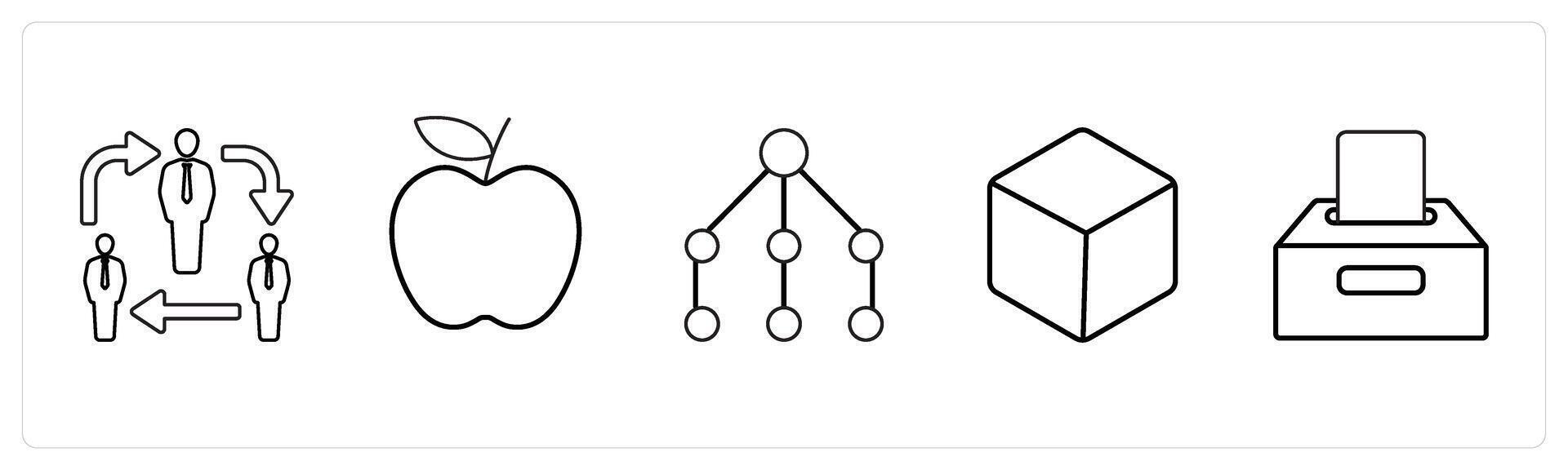 A set of 5 mix icons as network, apple, box in black line color vector