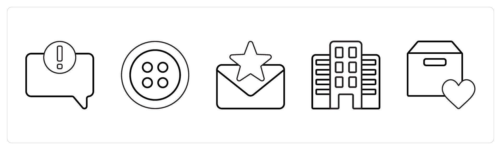 A set of 5 mix icons as error in comment, button, favorite message in black line color vector