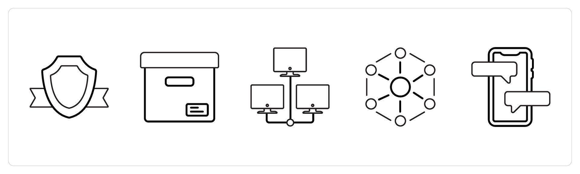 A set of 5 mix icons as shield, parcel, hosting in black line color vector