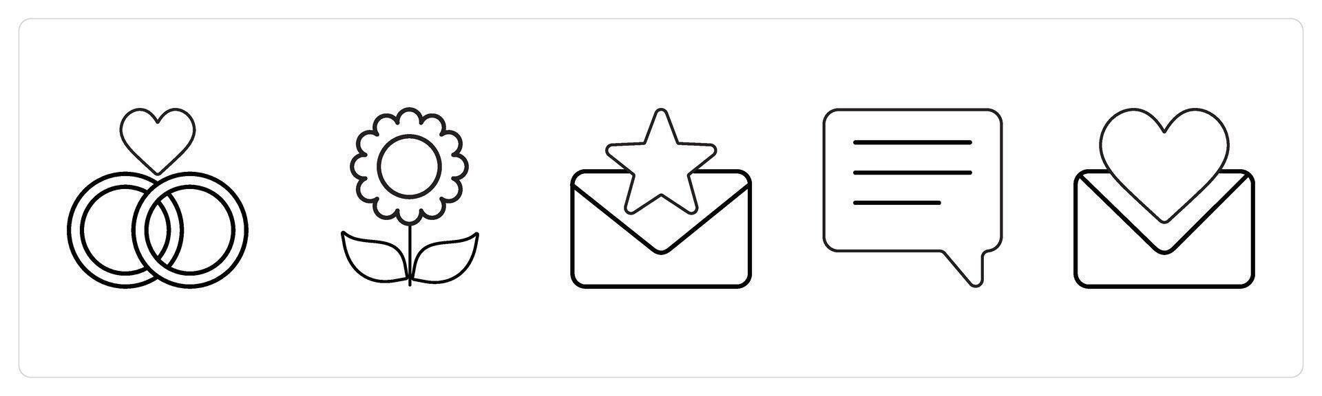 A set of 5 mix icons as relationship, flower, favorite message in black line color vector