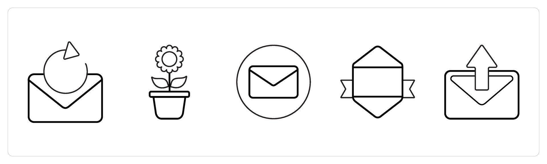 A set of 5 mix icons as refresh message, flower pot, envelope in black line color vector
