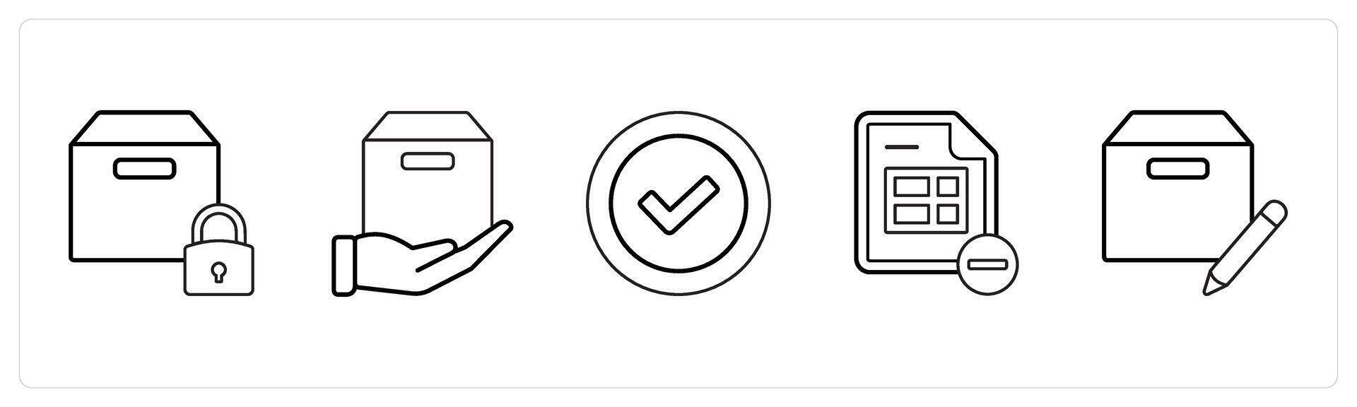 A set of 5 mix icons as secure box, forward parcel, verified in black line color vector