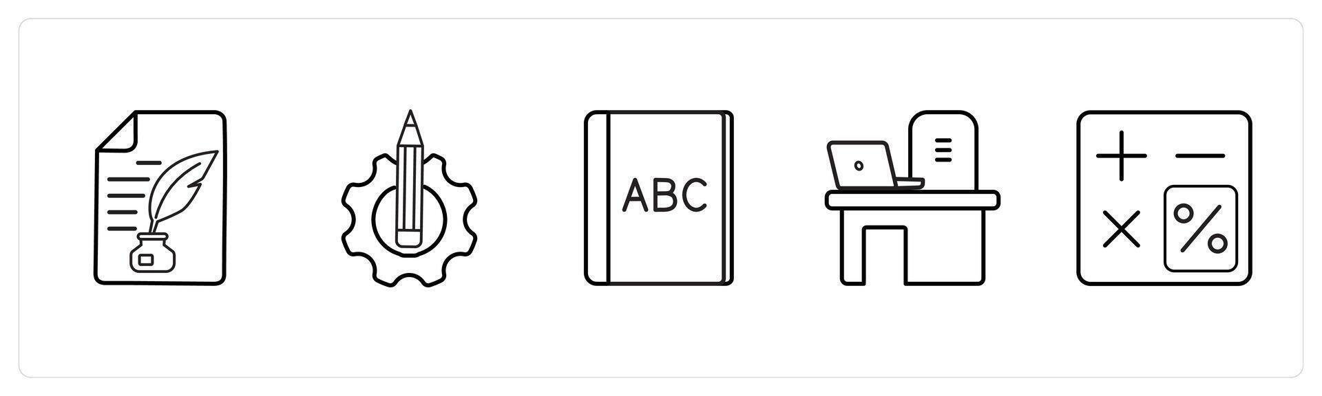 A set of 5 School icons as authorship, write, alphabet in black line color vector