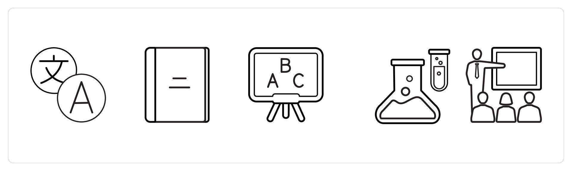 A set of 5 School icons as courses, book, class in black line color vector