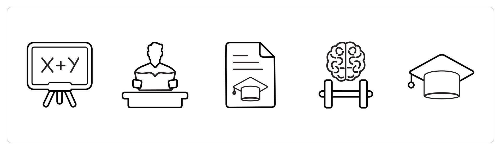 A set of 5 School icons as mathematics, study, certificate in black line color vector