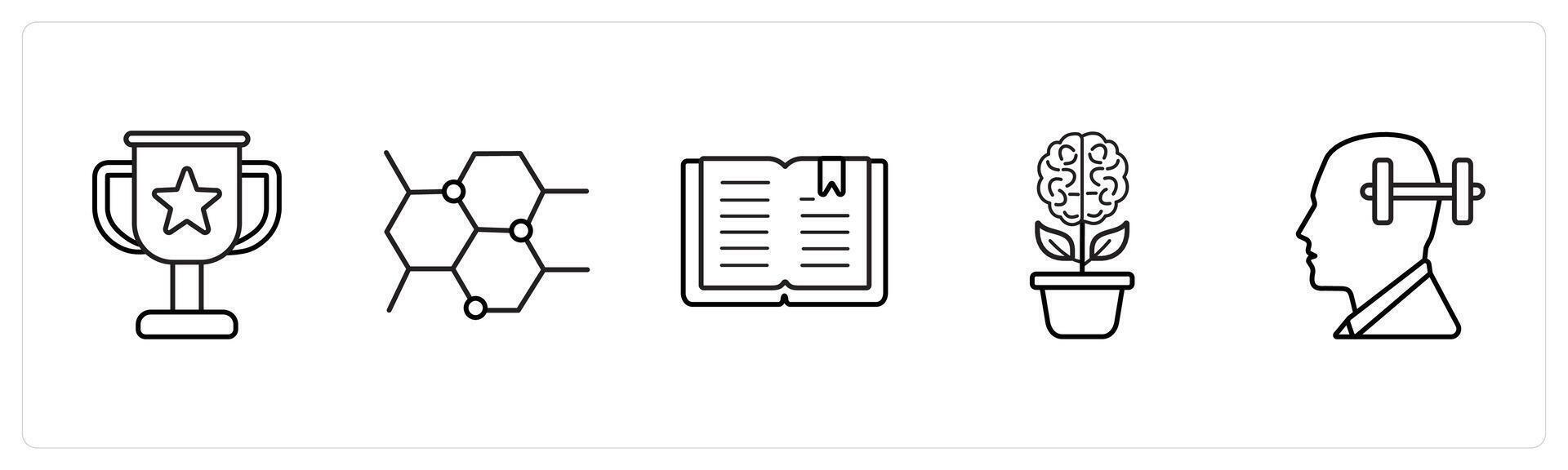 A set of 5 School icons as trophy, chemistry, book in black line color vector