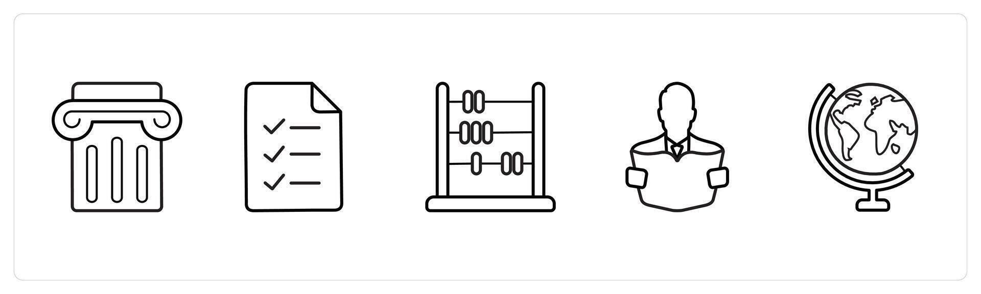 A set of 5 School icons as podium, examination, abacus in black line color vector