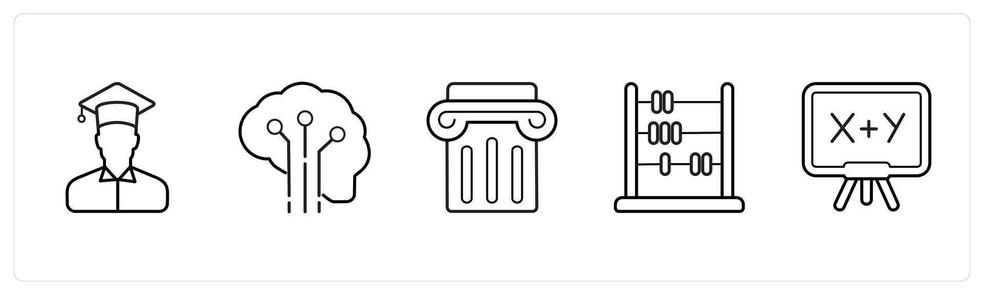 A set of 5 School icons as graduate, creative brain, podium in black line color vector