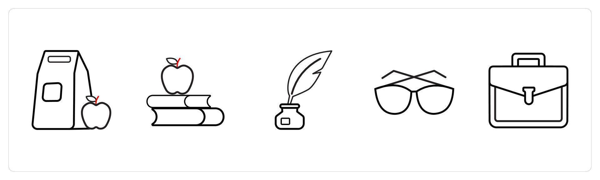 A set of 5 School icons as meal, library, inkpot in black line color vector